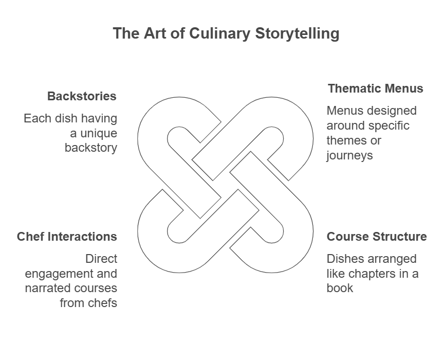 Infographic illustrating 'The Art of Culinary Storytelling,' highlighting key aspects such as backstories, thematic menus, course structure, and chef interactions, represented with a symbolic knot in the center.